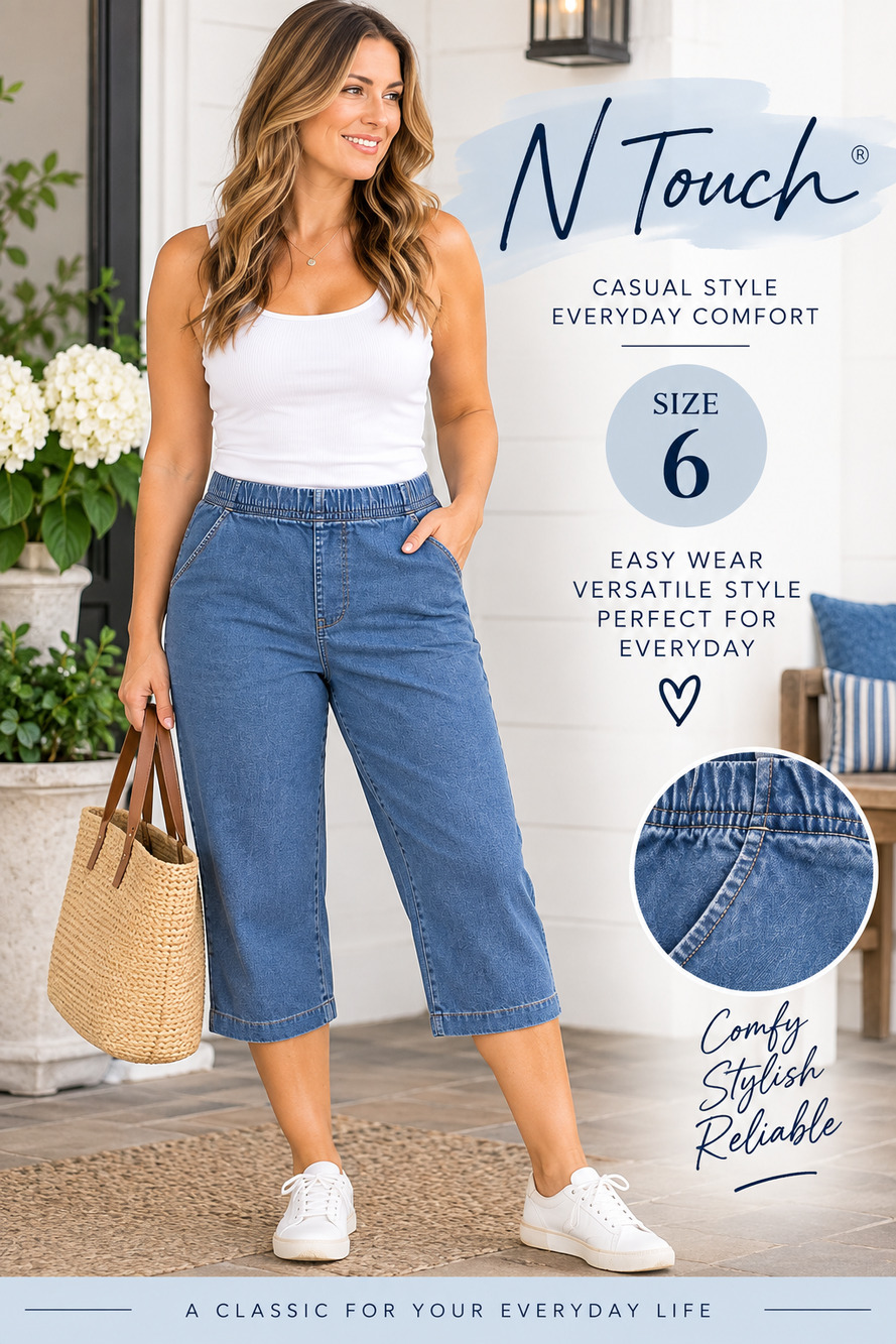 N Touch Size 6 Pull On Denim Capri Pants Blue Elastic Waist Pockets NWT